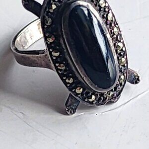Vintage Art Deco style Black Cabochon Onyx with tiny markasites.